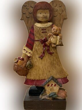 Dolgencorp Country Angel Figurine With Basket Of Gifts, Teddy Bear & Birdhouse